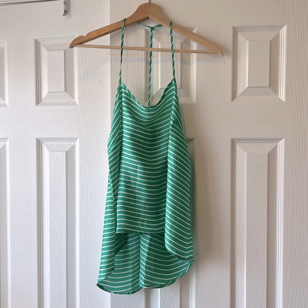 Adjustable back strap, green and white striped tank top blouse